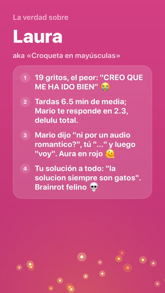 Roast de Laura, aka «Croqueta en mayúsculas», con cuatro frases sacadas del chat.