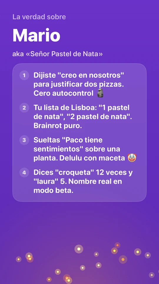 Roast de Mario, aka «Señor Pastel de Nata», con cuatro frases sacadas del chat.