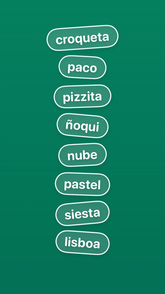 Carta de palabras secretas: croqueta, paco, pizzita, ñoqui, nube, pastel, siesta y lisboa.