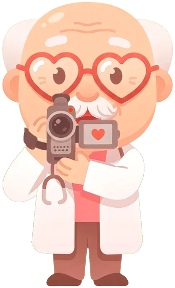 Dr. Amor grabando con una cámara de vídeo y guiñando un ojo