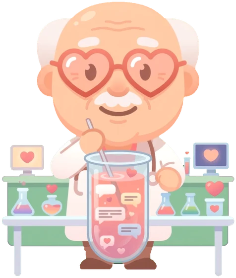Dr. Amor en su laboratorio, removiendo una poción llena de mensajes
